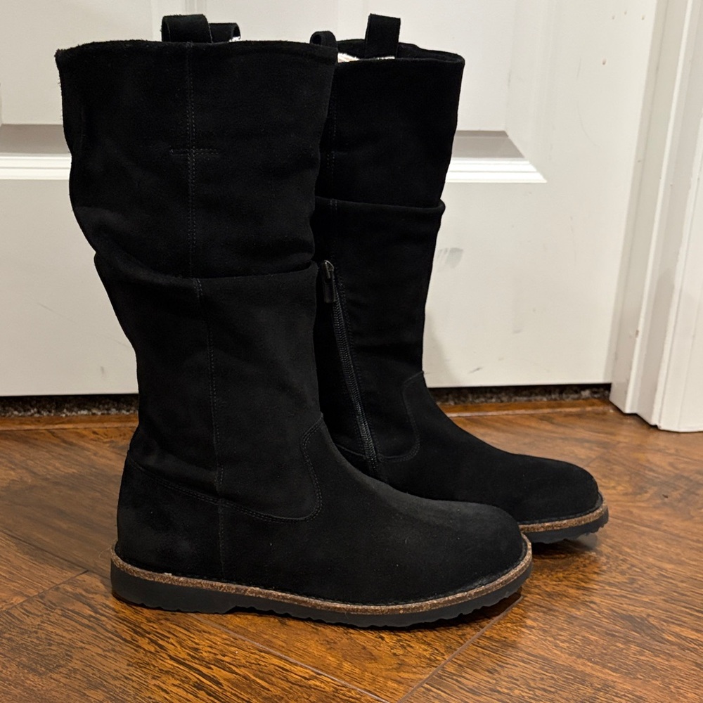 Birkenstock Black Suede Mid-Calf Heeled Boots
